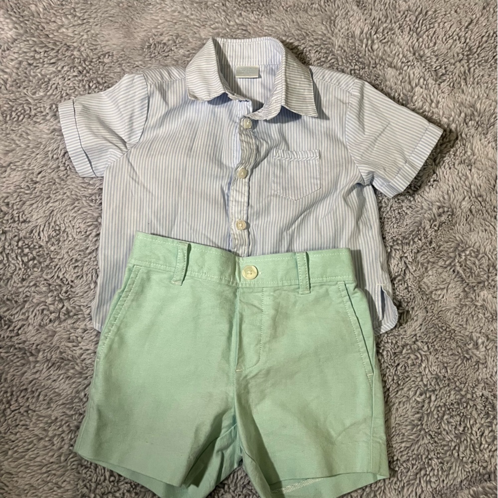 Edgehill Collection Blue Stripped Button Down & Green Shorts Sz- 12 Months